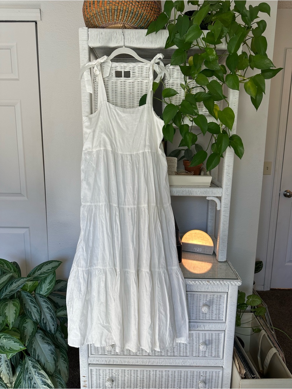 White Tie-Shoulder Tiered Maxi Dress